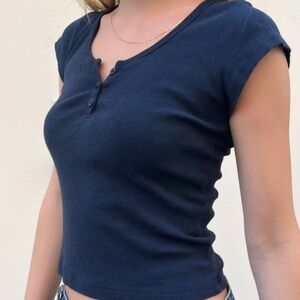 Navy Blue Button-Up Crop Top